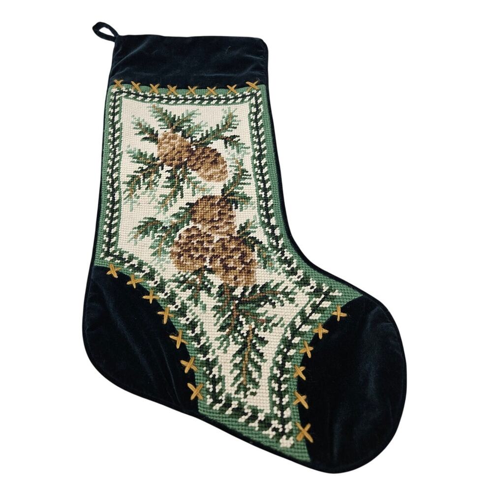 Vintage Needlepoint Pine Cone Christmas Stocking Green Velvet Traditional